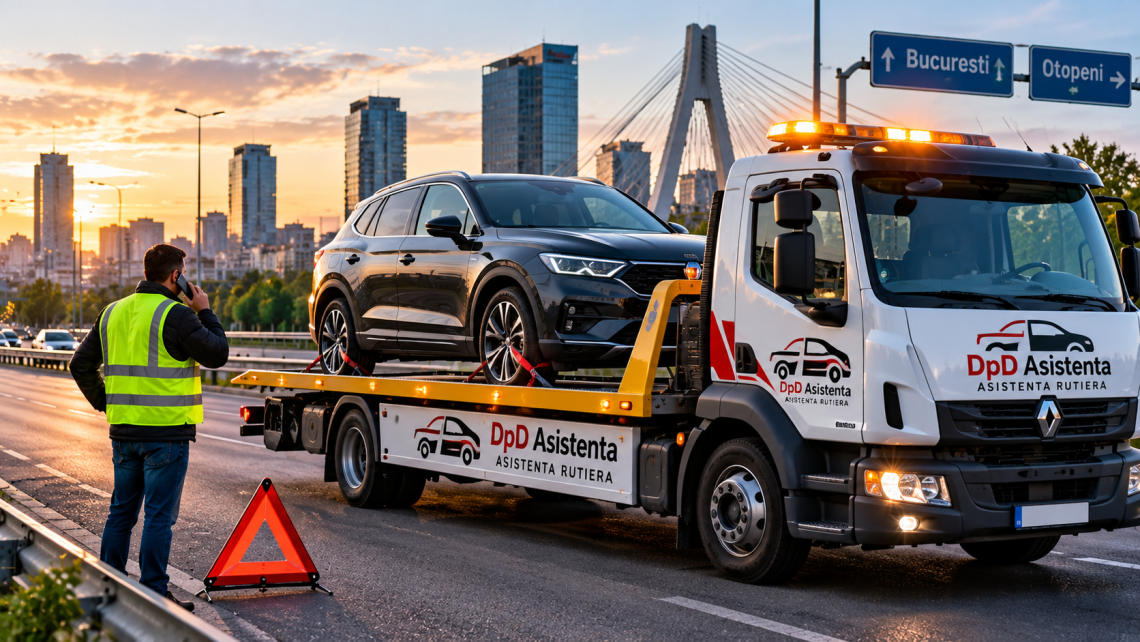 platforma auto DpD Asistenta Rutiera transporta o masina defecta in Bucuresti.