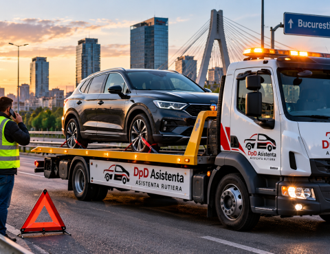 platforma auto DpD Asistenta Rutiera transporta o masina defecta in Bucuresti.